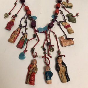 Nativity Necklace Vintage Folk Art Ceramic Figures w Beads Bells Christmas